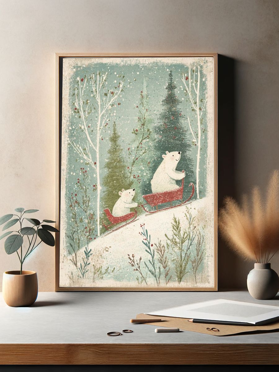 Bears on a Sleigh — Winter Illustration Print. — room view 2