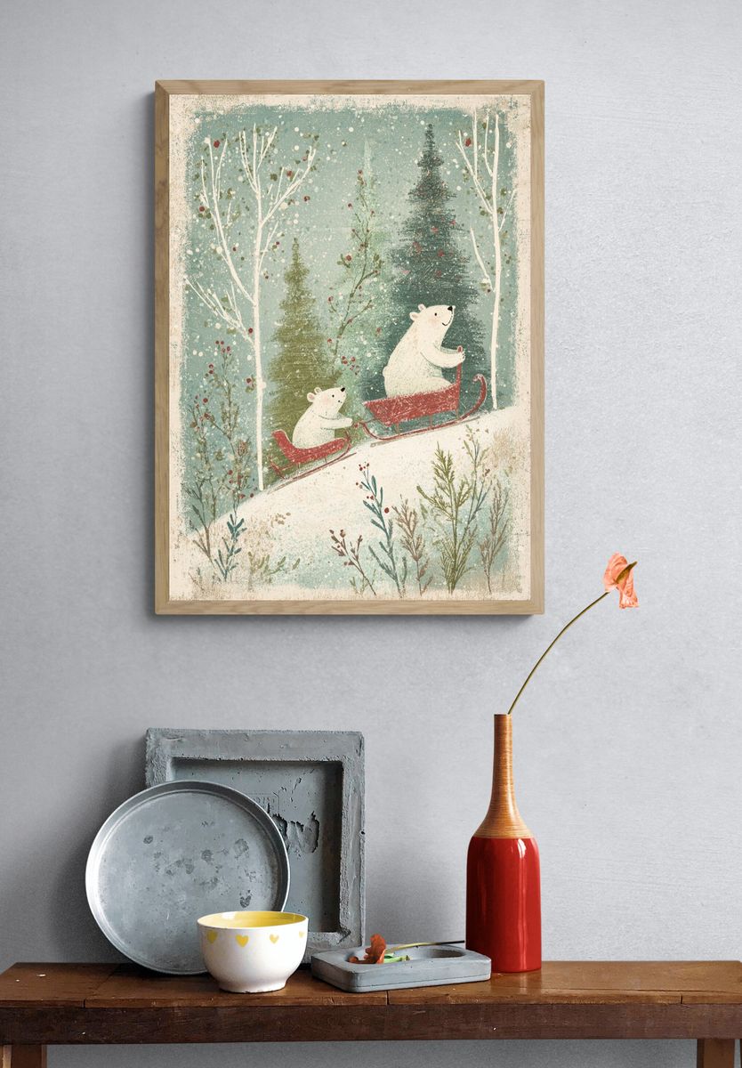 Bears on a Sleigh — Winter Illustration Print. — room view 3