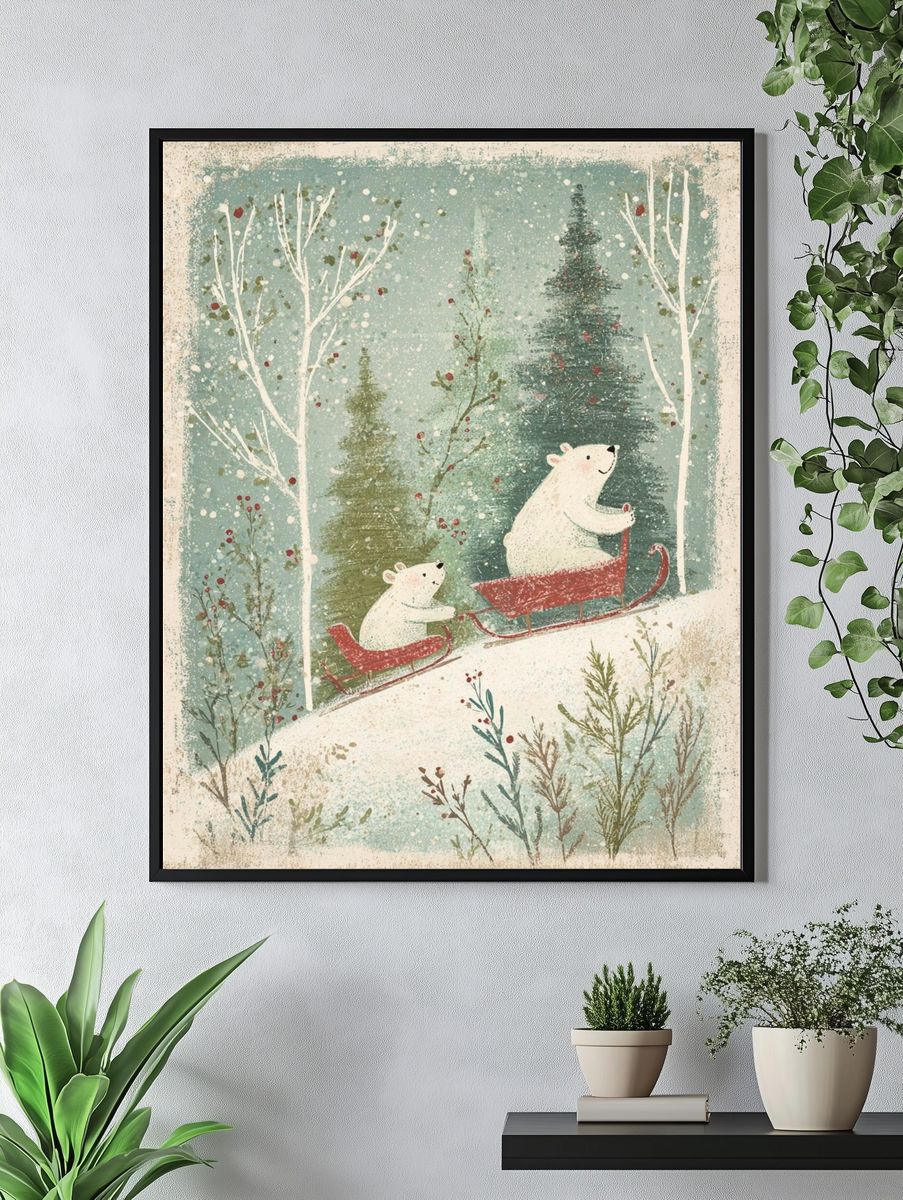 Bears on a Sleigh — Winter Illustration Print. — room view 4