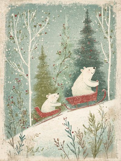 Bears on a Sleigh — Winter Illustration Print. poster