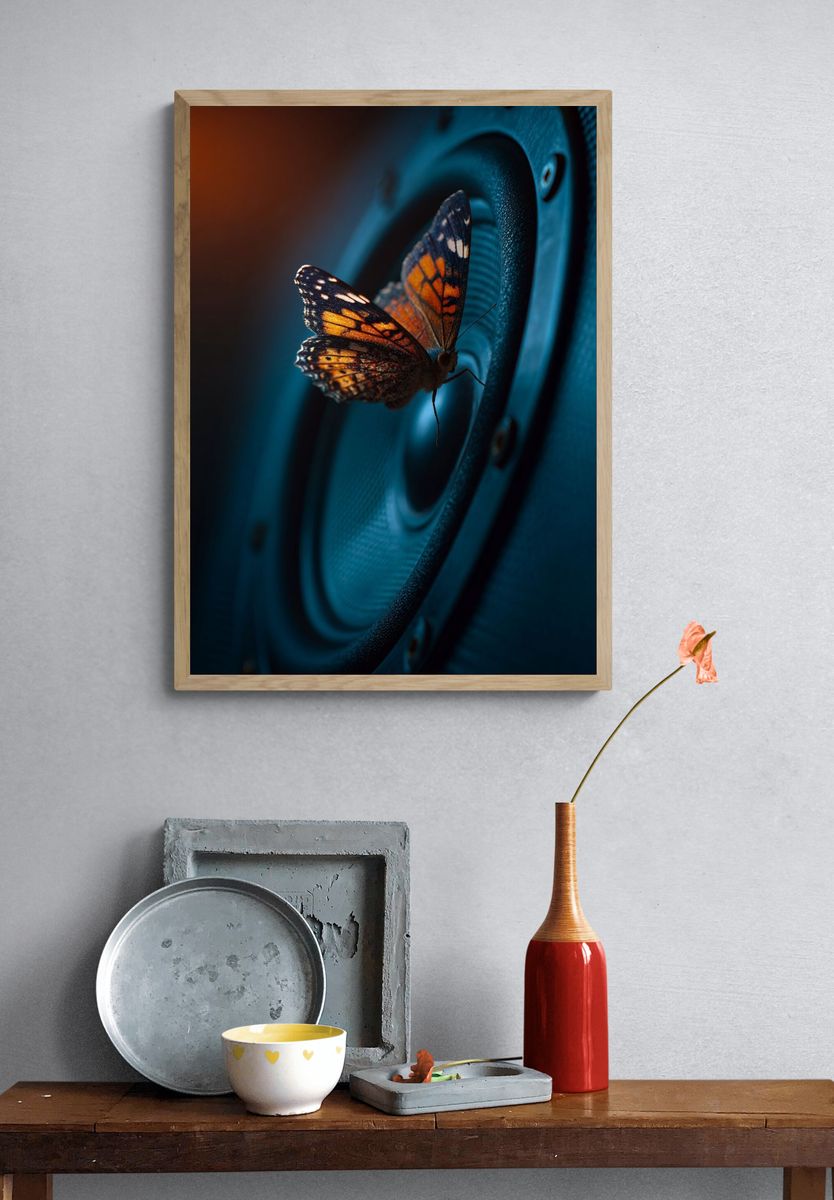 Butterfly on Speaker — Photography Print. — room view 3