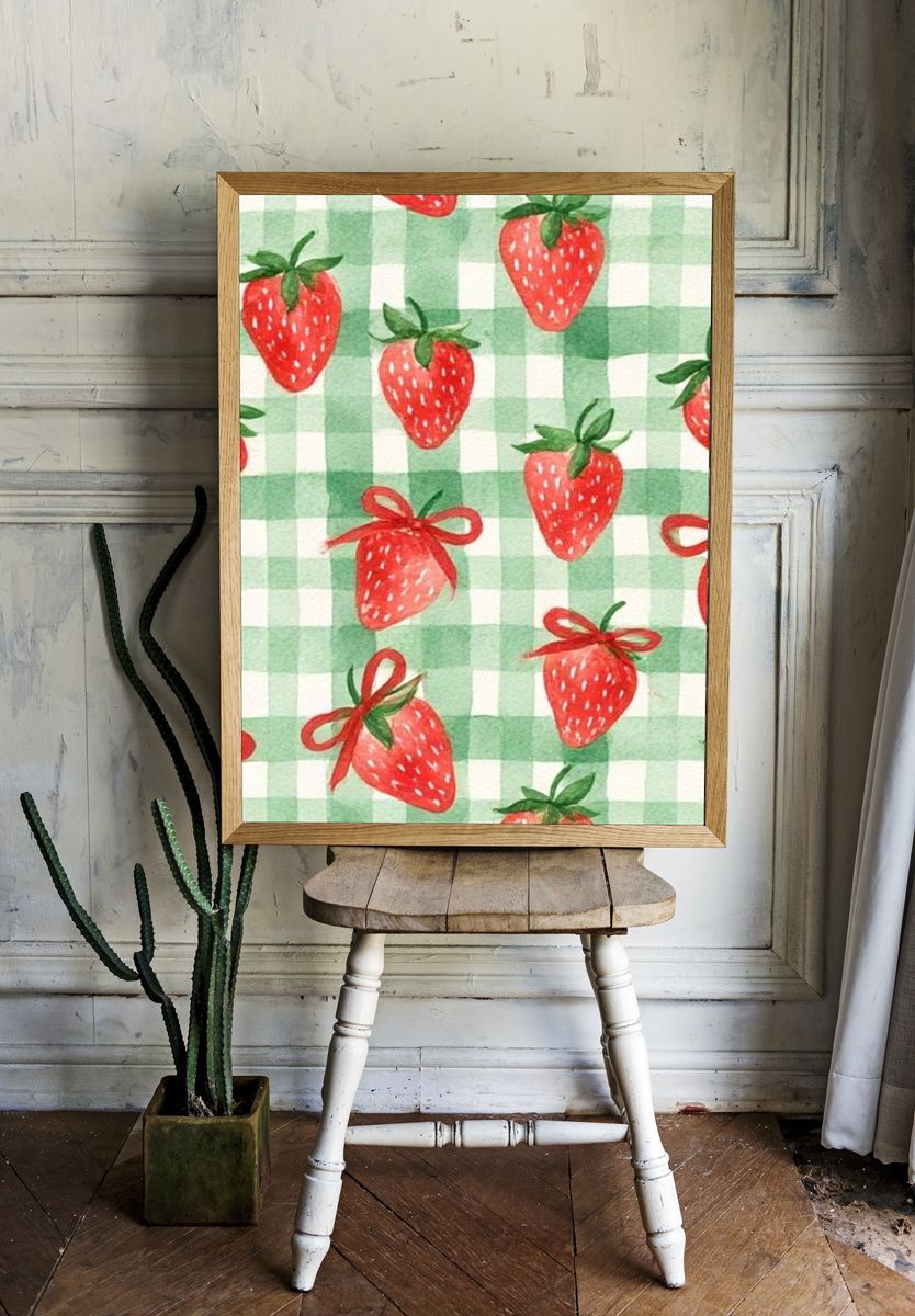 Strawberry Gingham Pattern Print. — room view 1