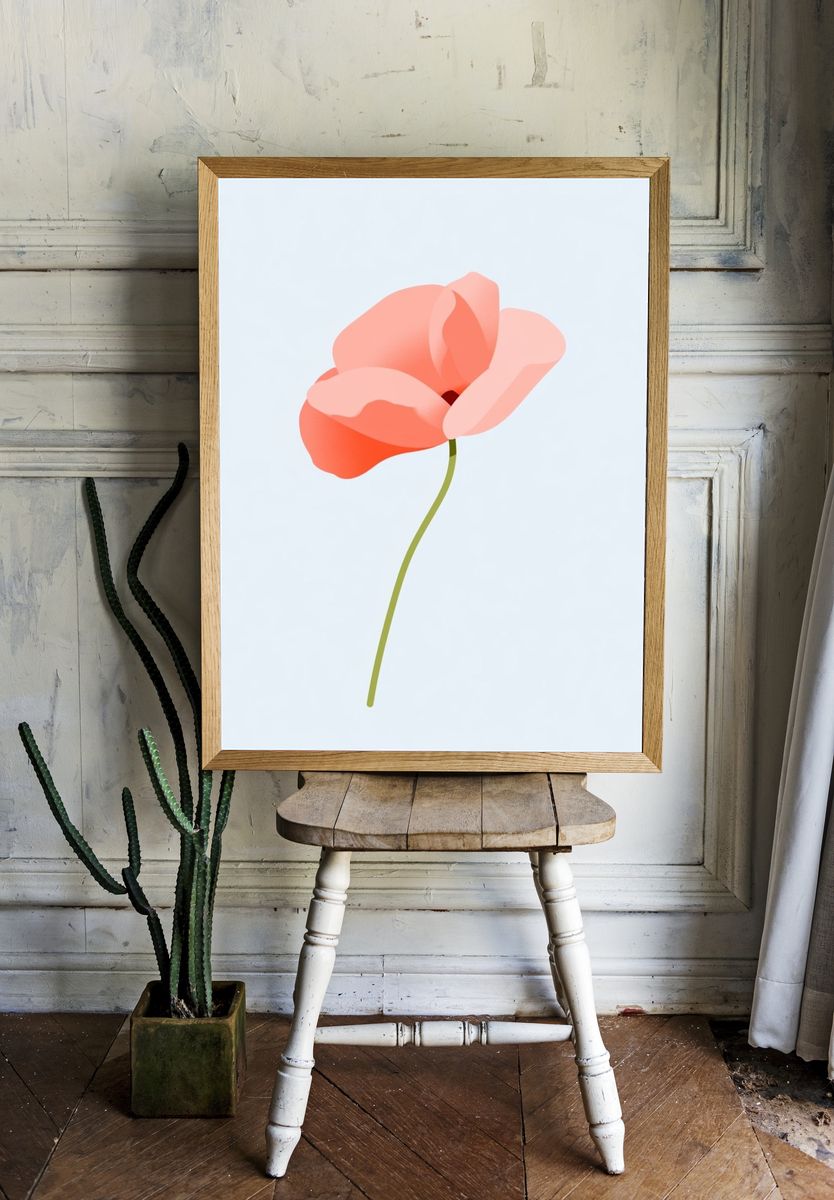 Coral Poppy Minimalist Print. room preview