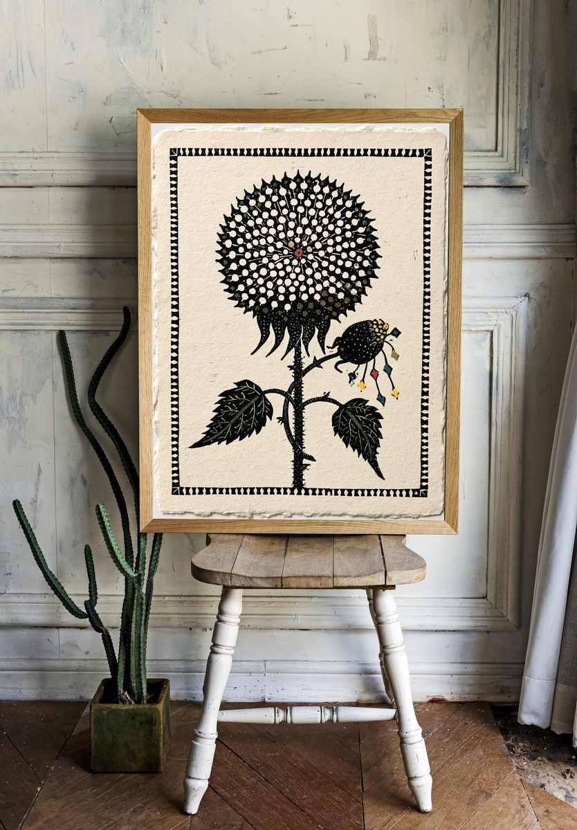 Sunflower Folk Art Print. room preview