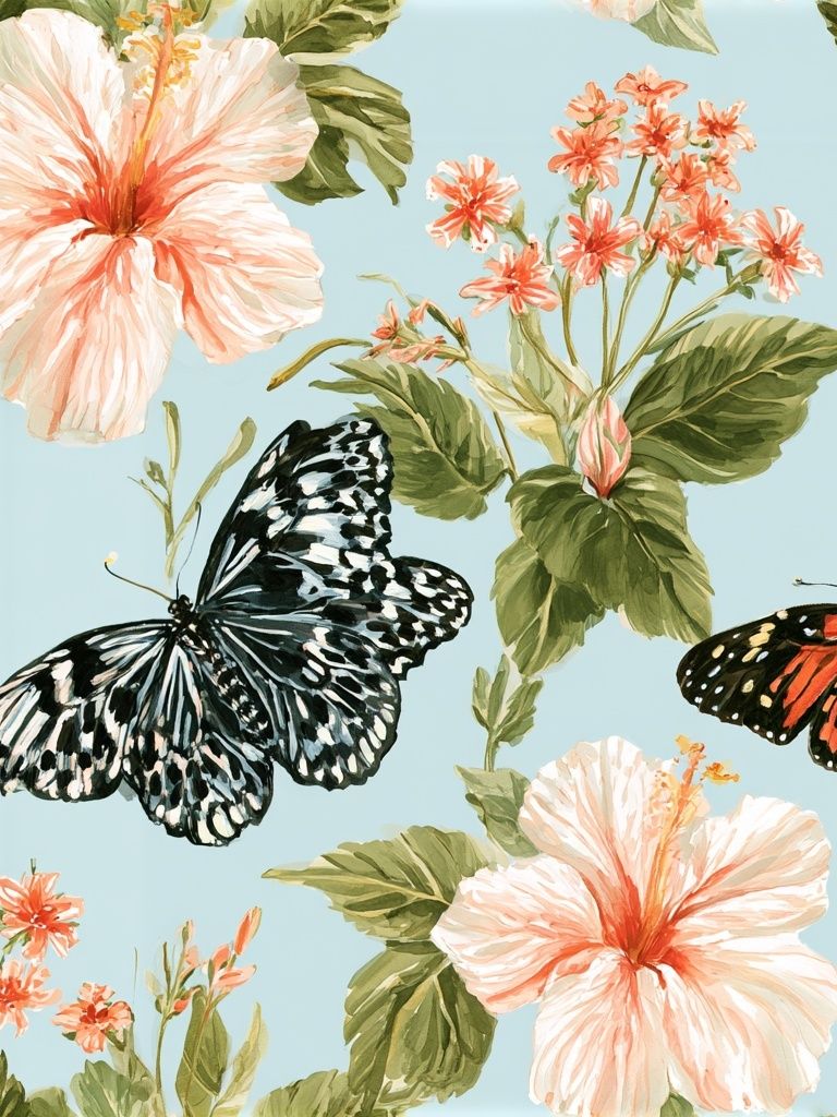 Butterflies and Hibiscus Botanical Print. poster detail