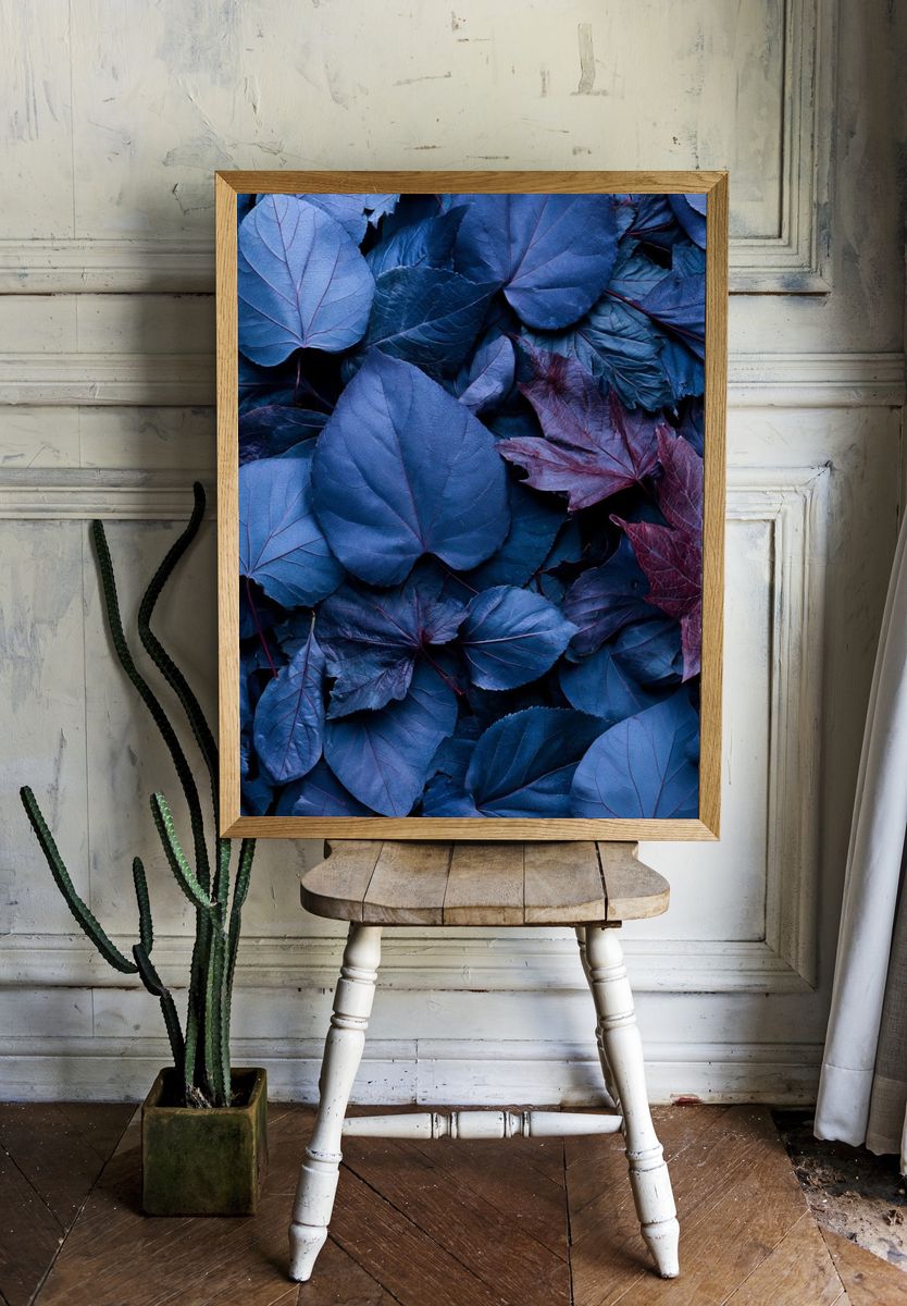 Blue Leaves Botanical Print. room preview