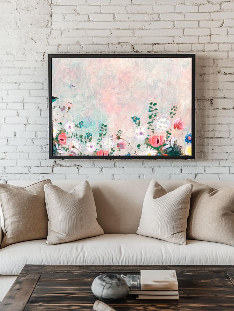 Pink floral wall textured background. room preview