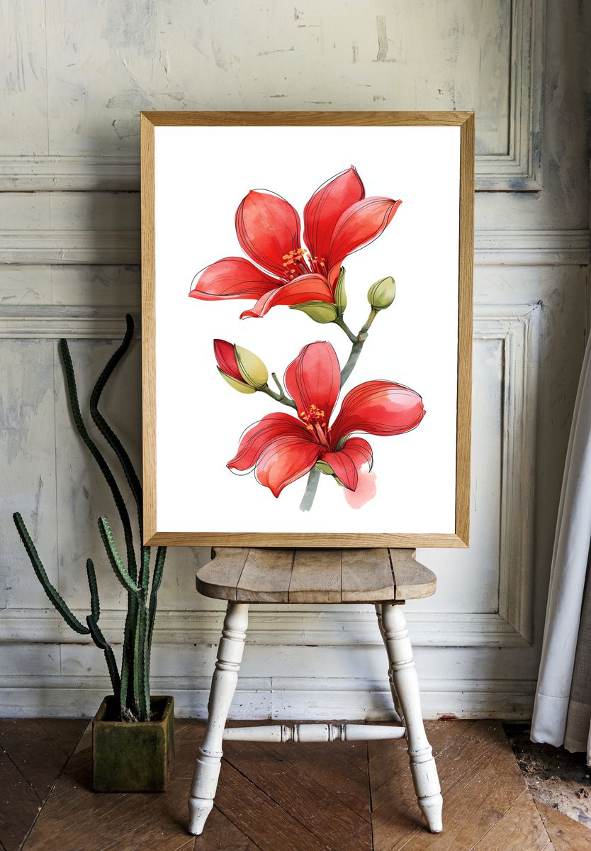 Red Hibiscus Watercolor Print. room preview