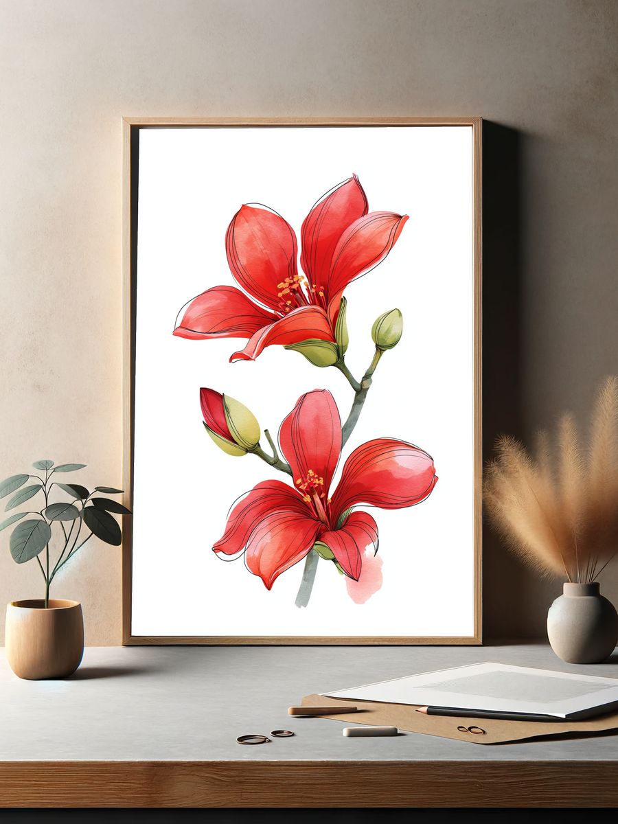 Red Hibiscus Watercolor Print. — room view 2