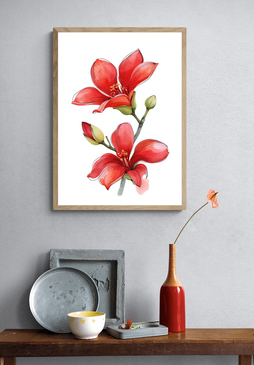 Red Hibiscus Watercolor Print. — room view 3