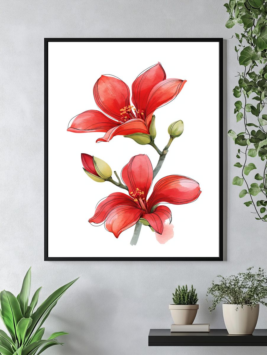 Red Hibiscus Watercolor Print. — room view 4