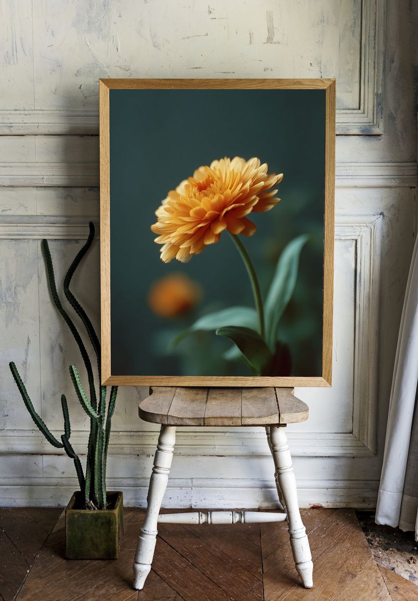 Golden Marigold Bloom Botanical Print. room preview