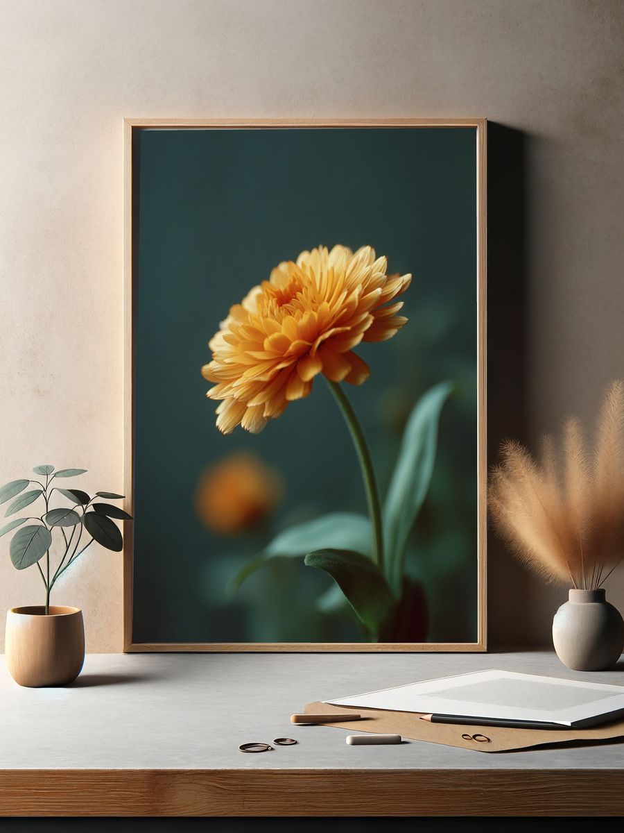 Golden Marigold Bloom Botanical Print. — room view 2