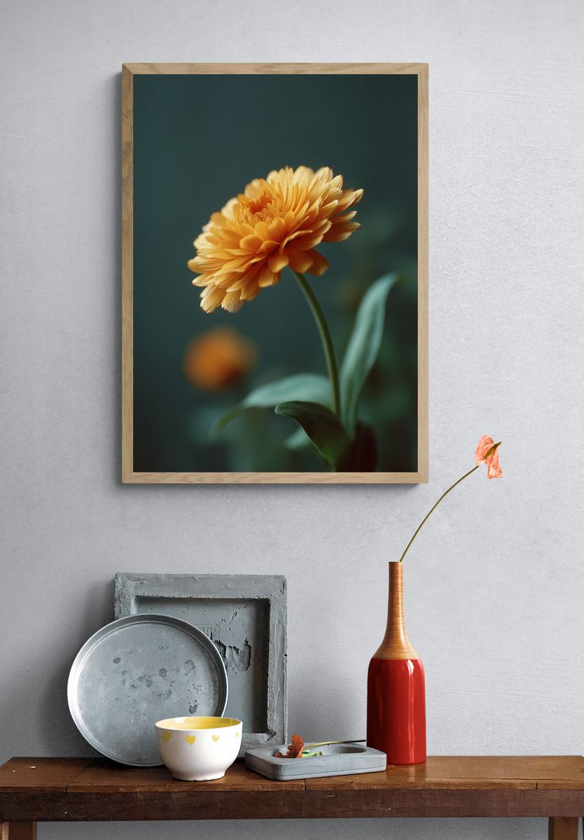 Golden Marigold Bloom Botanical Print. — room view 3