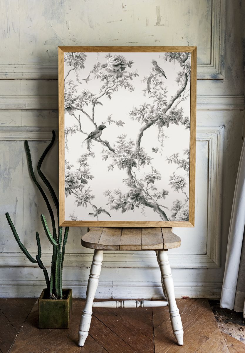 Birds and Blossoms Botanical Print. room preview