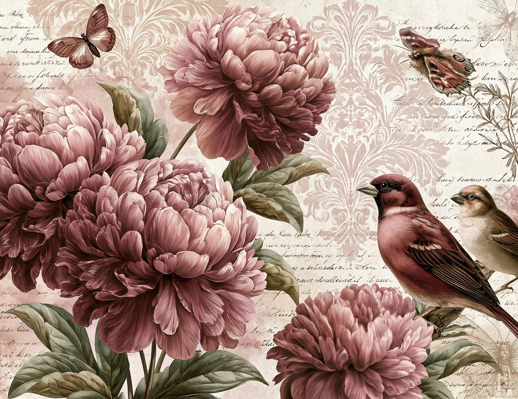 Peony Birds Botanical Print. poster — botanical art
