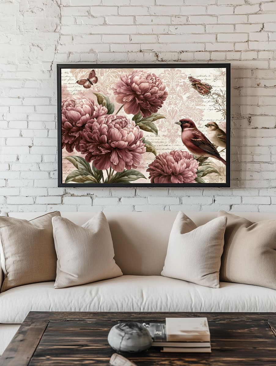 Peony Birds Botanical Print. — room view 1