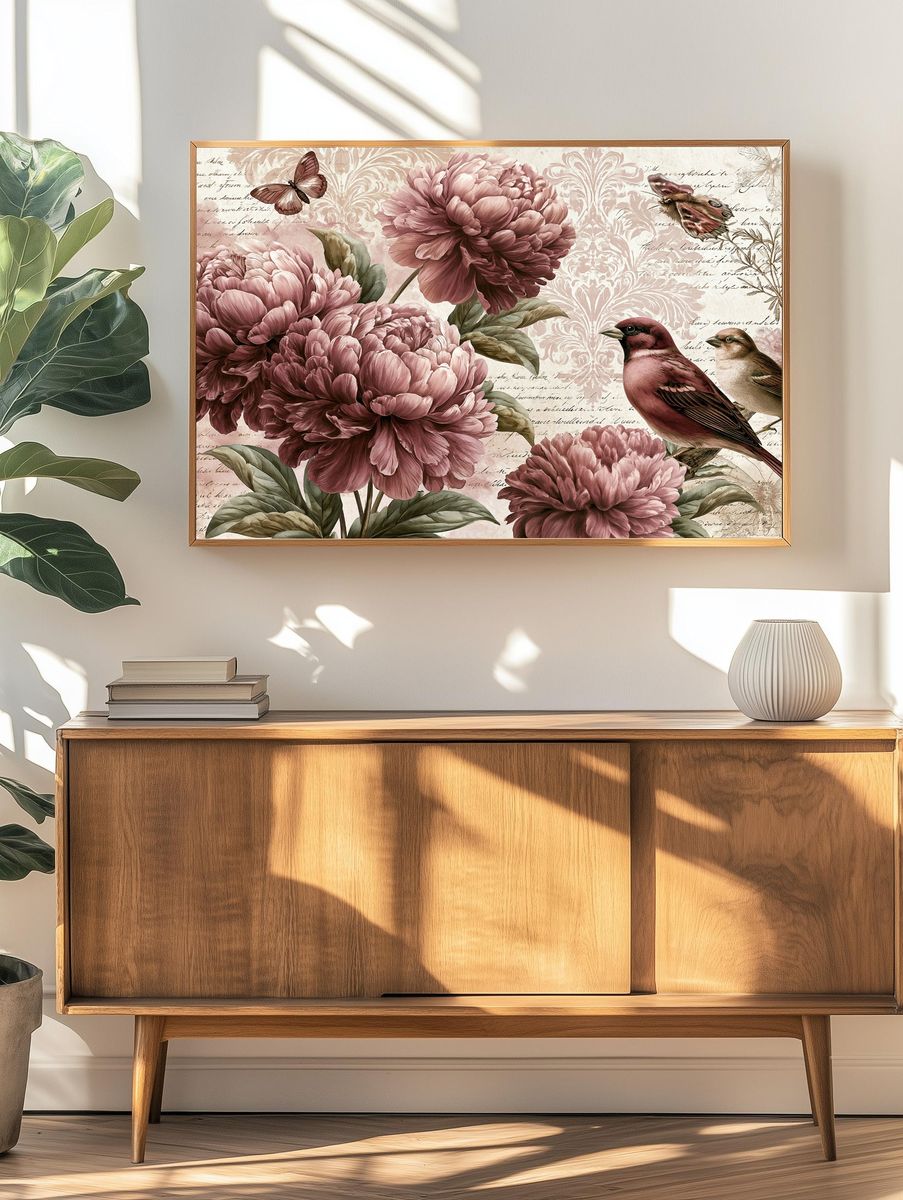 Peony Birds Botanical Print. — room view 3