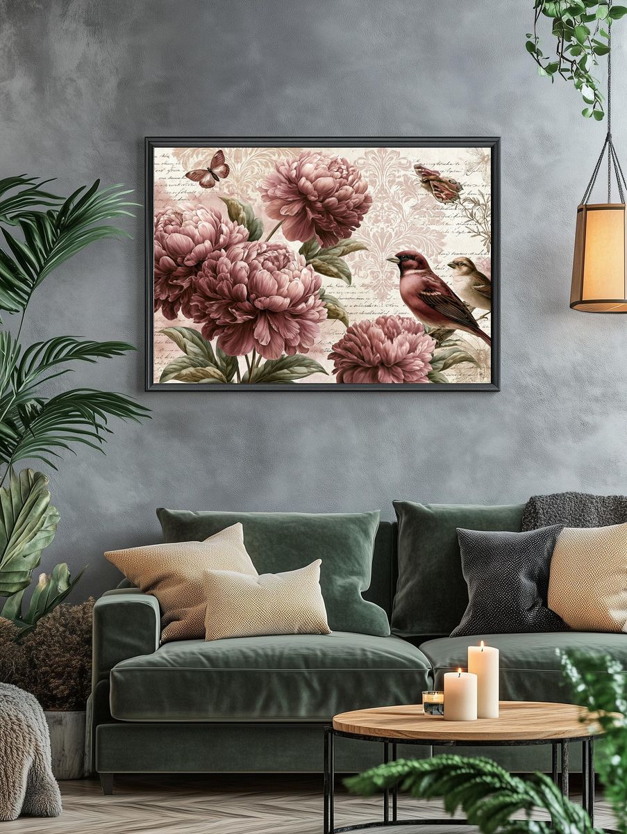 Peony Birds Botanical Print. — room view 4