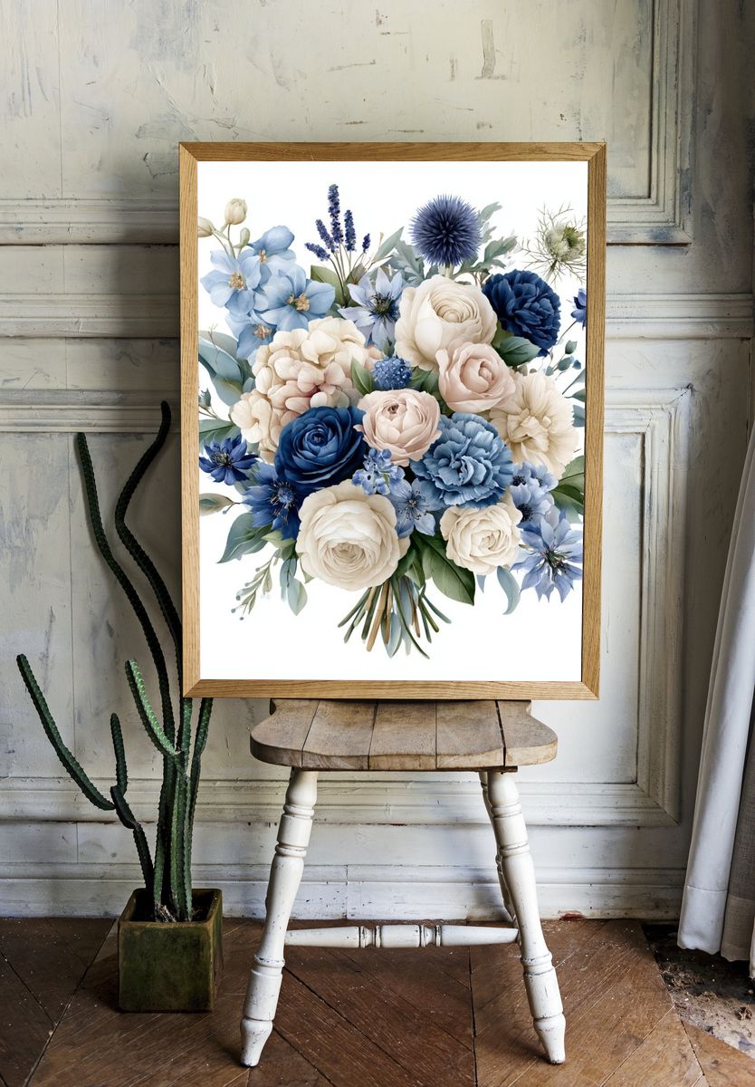 Blue Floral Bouquet Print. room preview