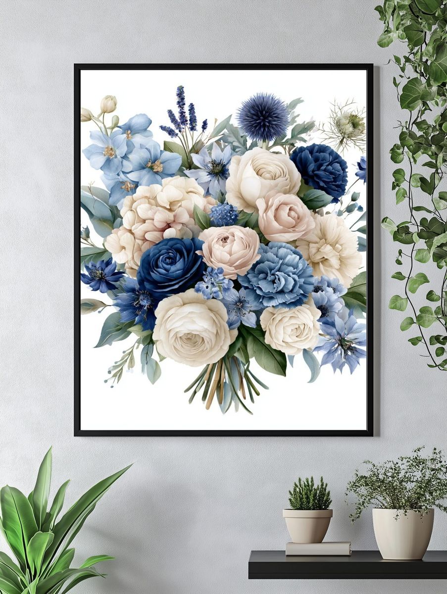 Blue Floral Bouquet Print. — room view 4