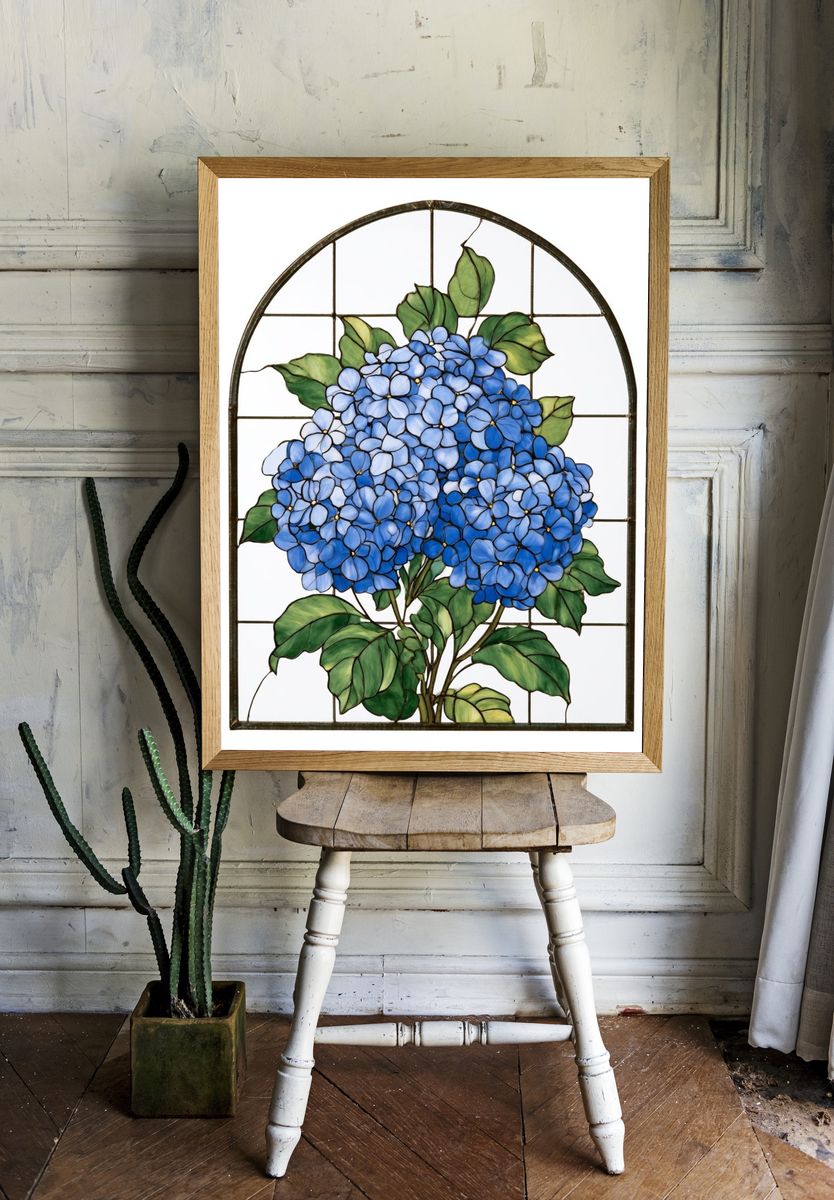 Blue Hydrangea Stained Glass Poster. — room view 1