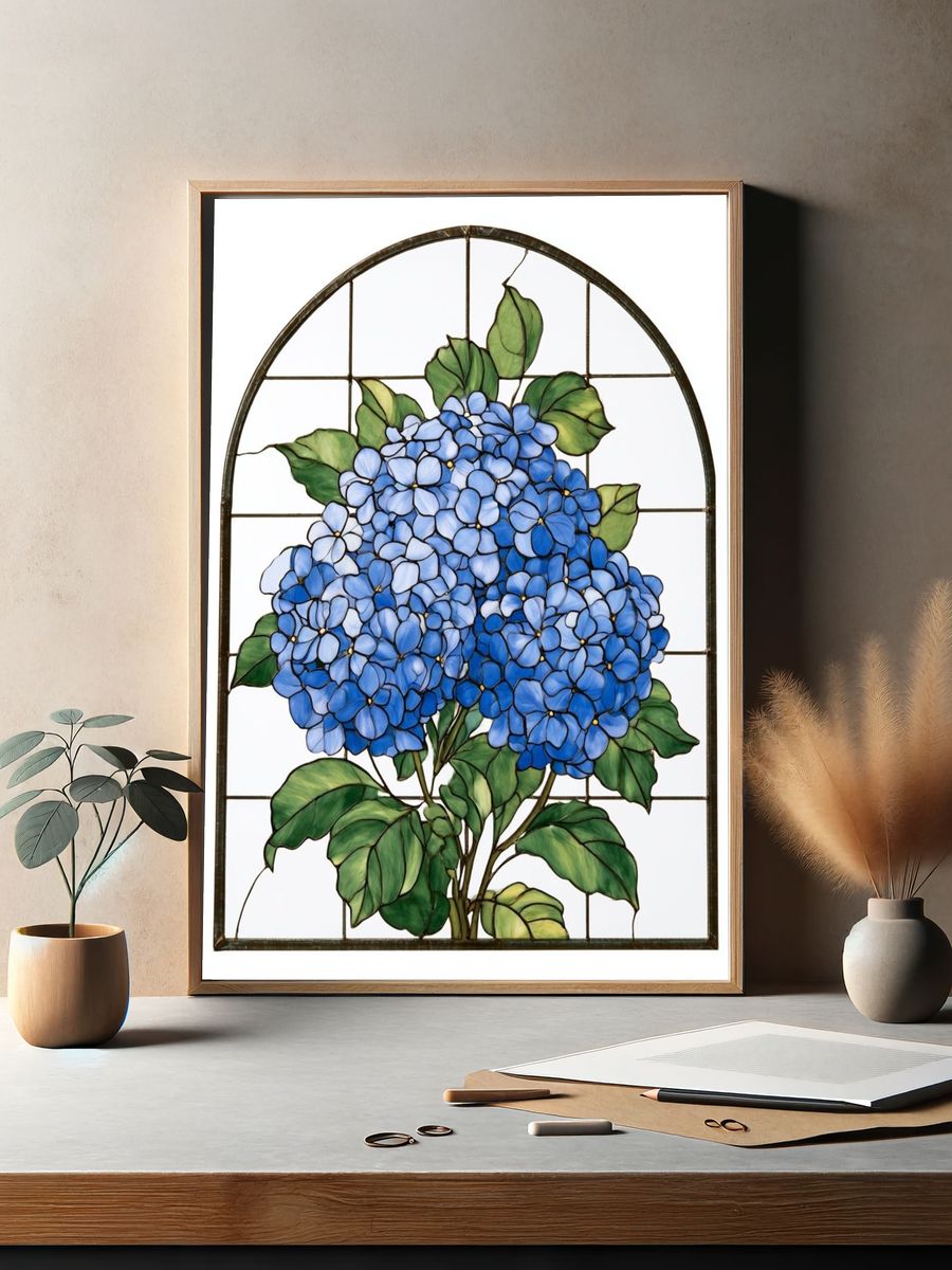 Blue Hydrangea Stained Glass Poster. — room view 2