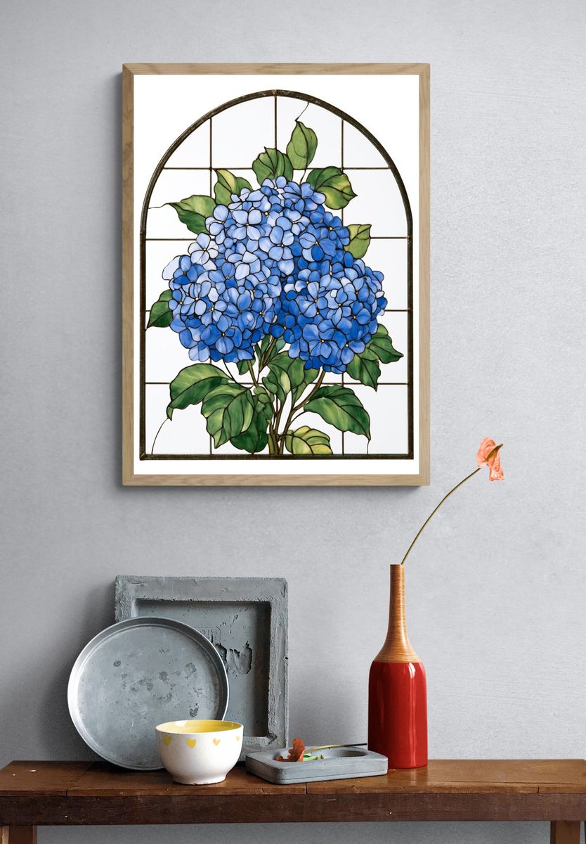 Blue Hydrangea Stained Glass Poster. — room view 3