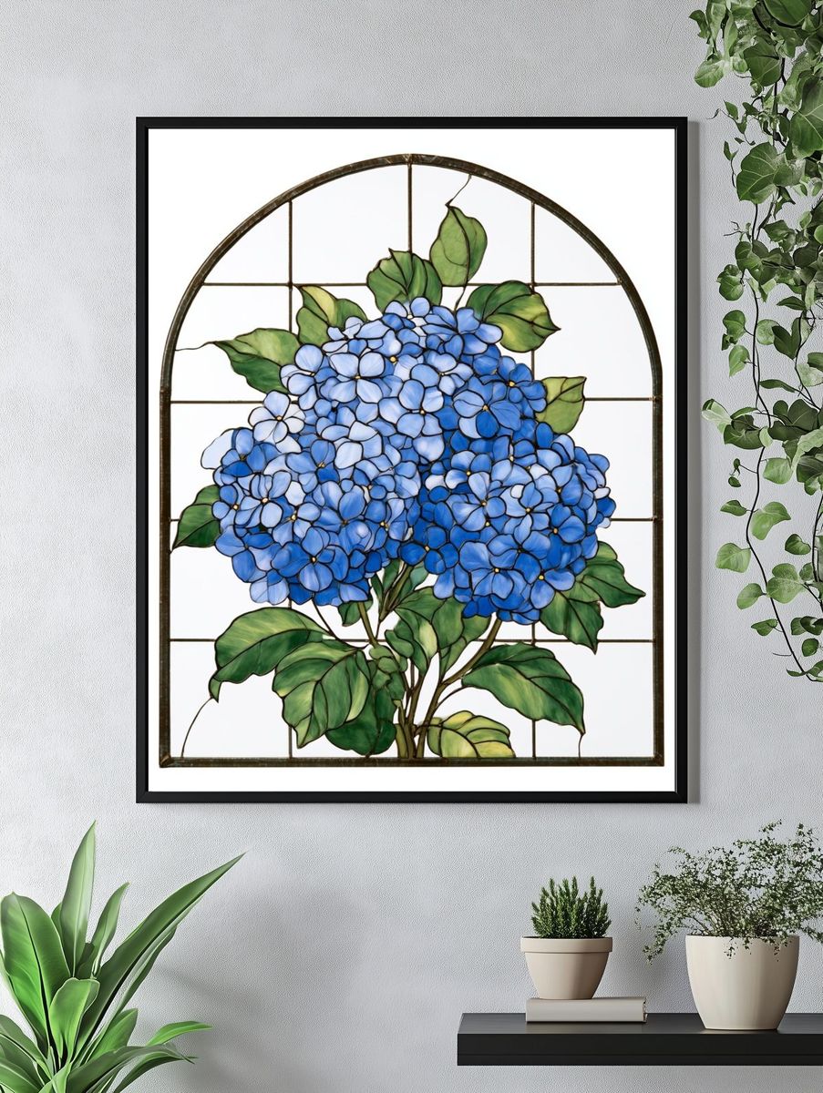 Blue Hydrangea Stained Glass Poster. — room view 4