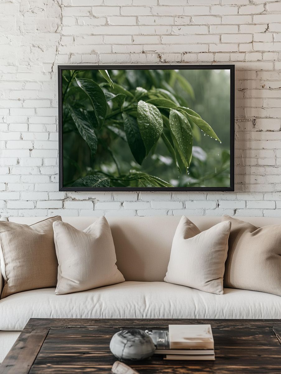 Rain-Kissed Green Leaves Poster. room preview