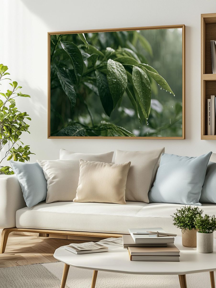 Rain-Kissed Green Leaves Poster. — room view 2