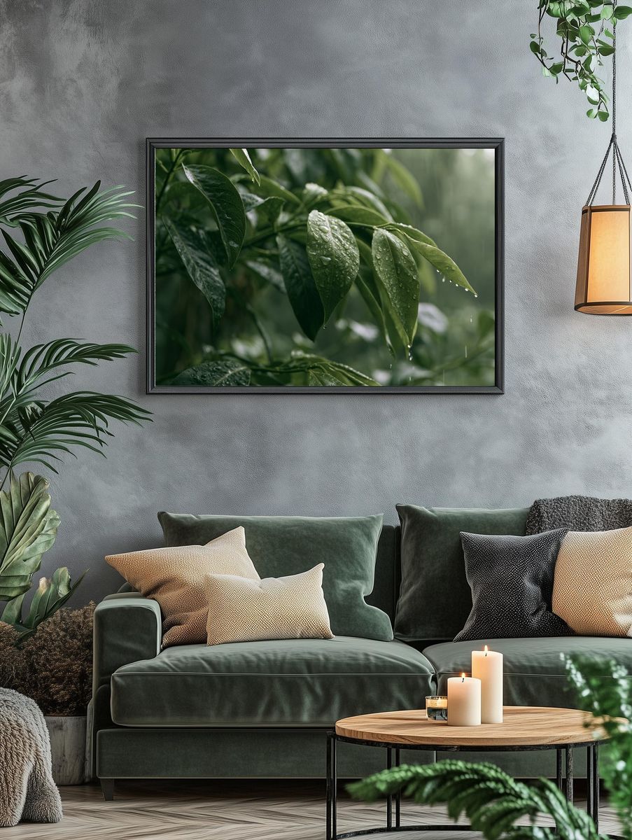 Rain-Kissed Green Leaves Poster. — room view 4
