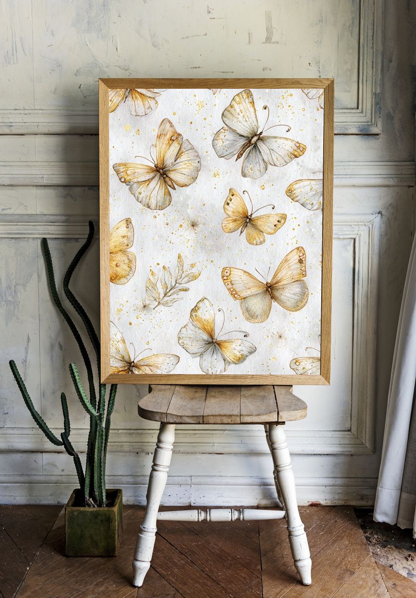 Golden Butterflies Botanical Print. — room view 1