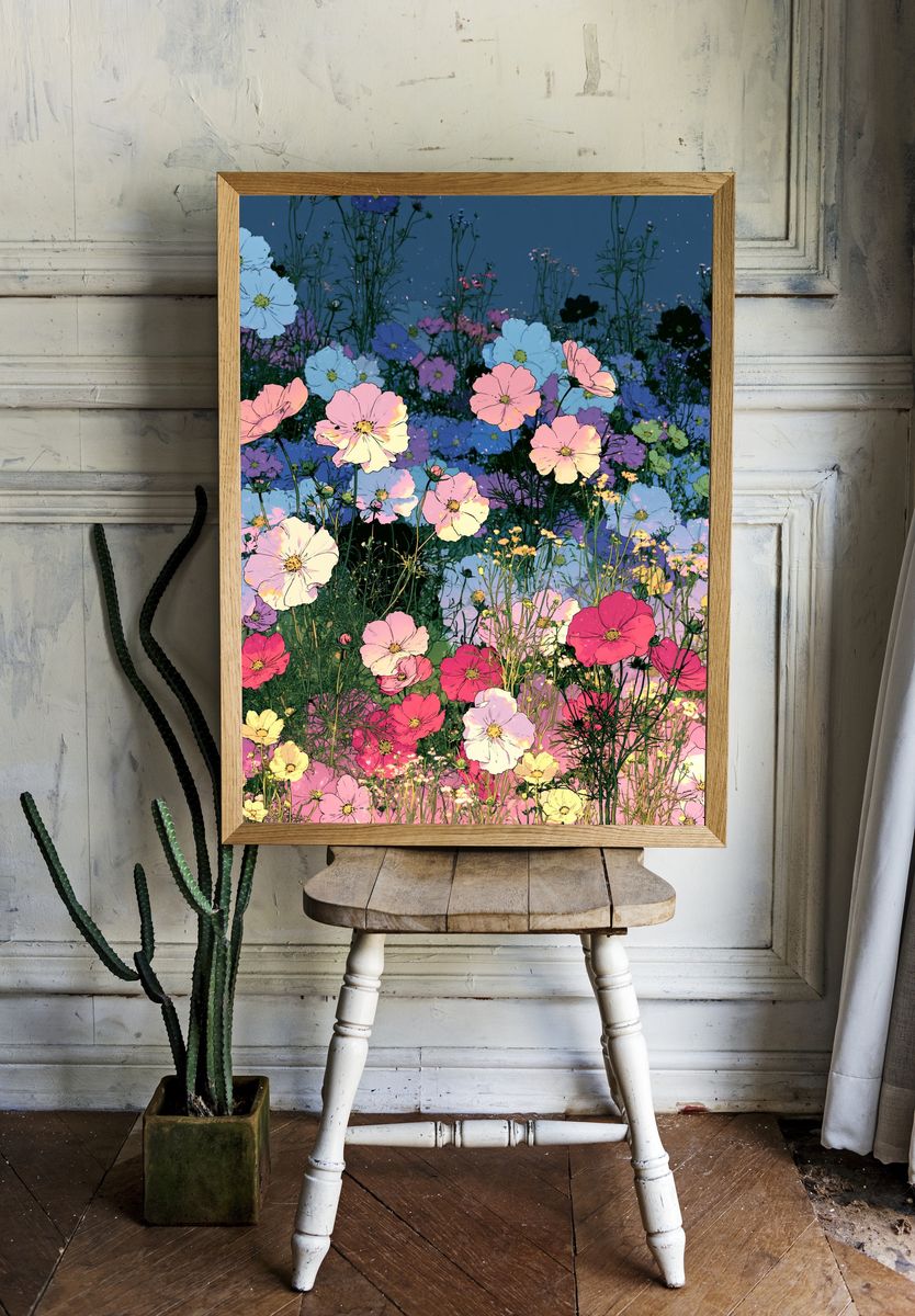 Pastel Cosmos Garden Illustration Poster. room preview