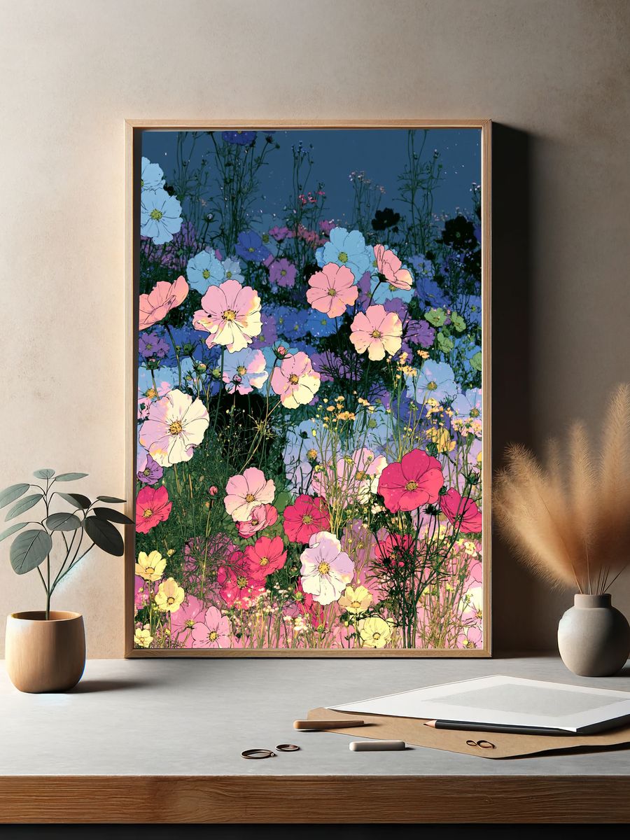 Pastel Cosmos Garden Illustration Poster. — room view 2
