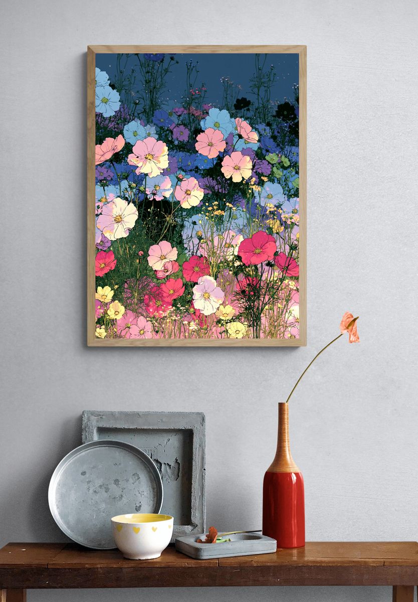 Pastel Cosmos Garden Illustration Poster. — room view 3