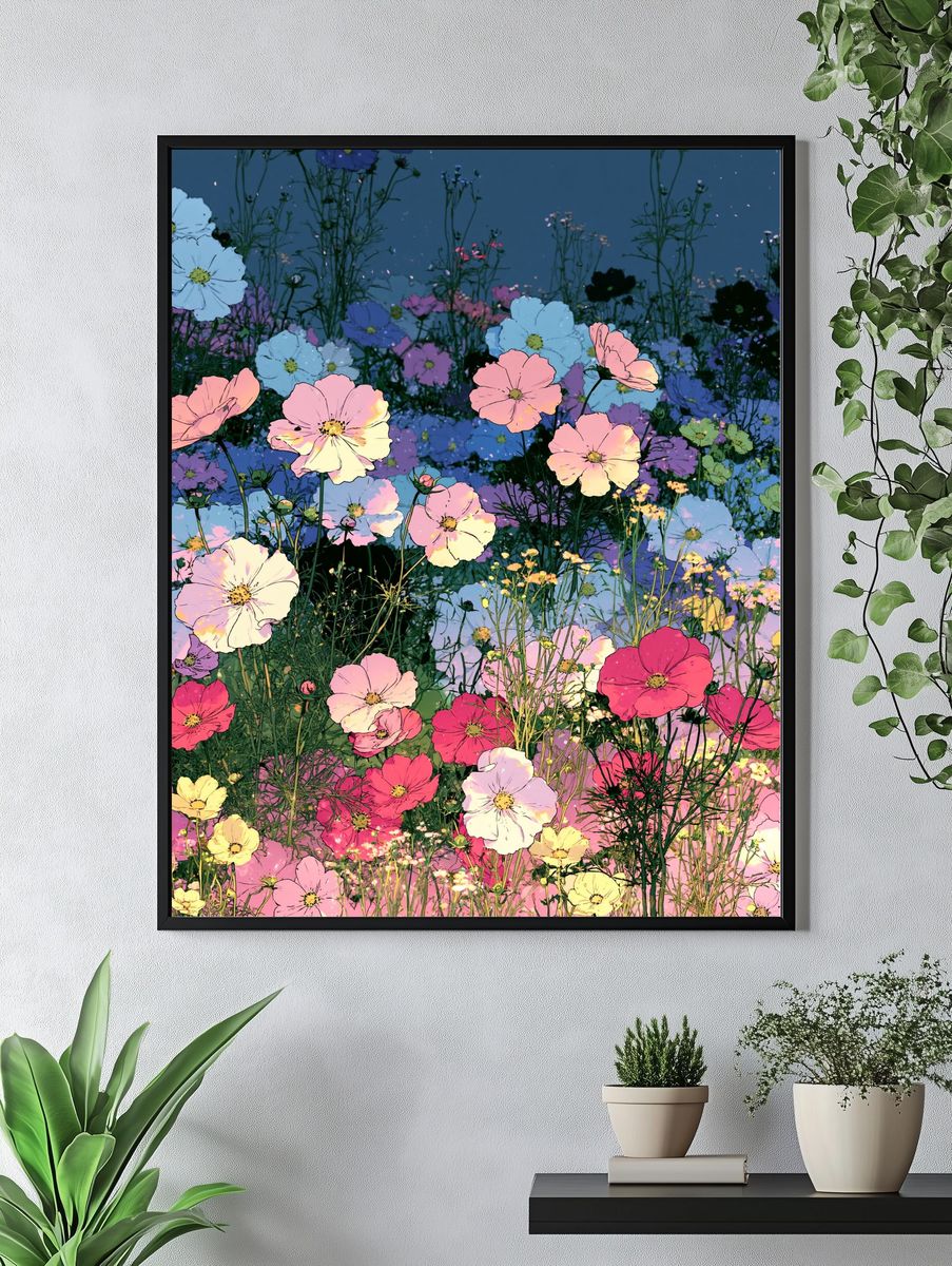 Pastel Cosmos Garden Illustration Poster. — room view 4