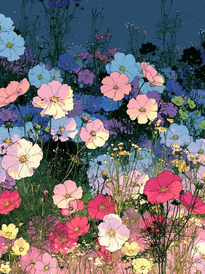 Pastel Cosmos Garden Illustration Poster. poster