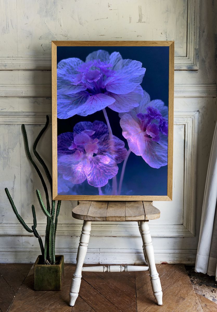 Glowing Purple Flowers Botanical Print. room preview