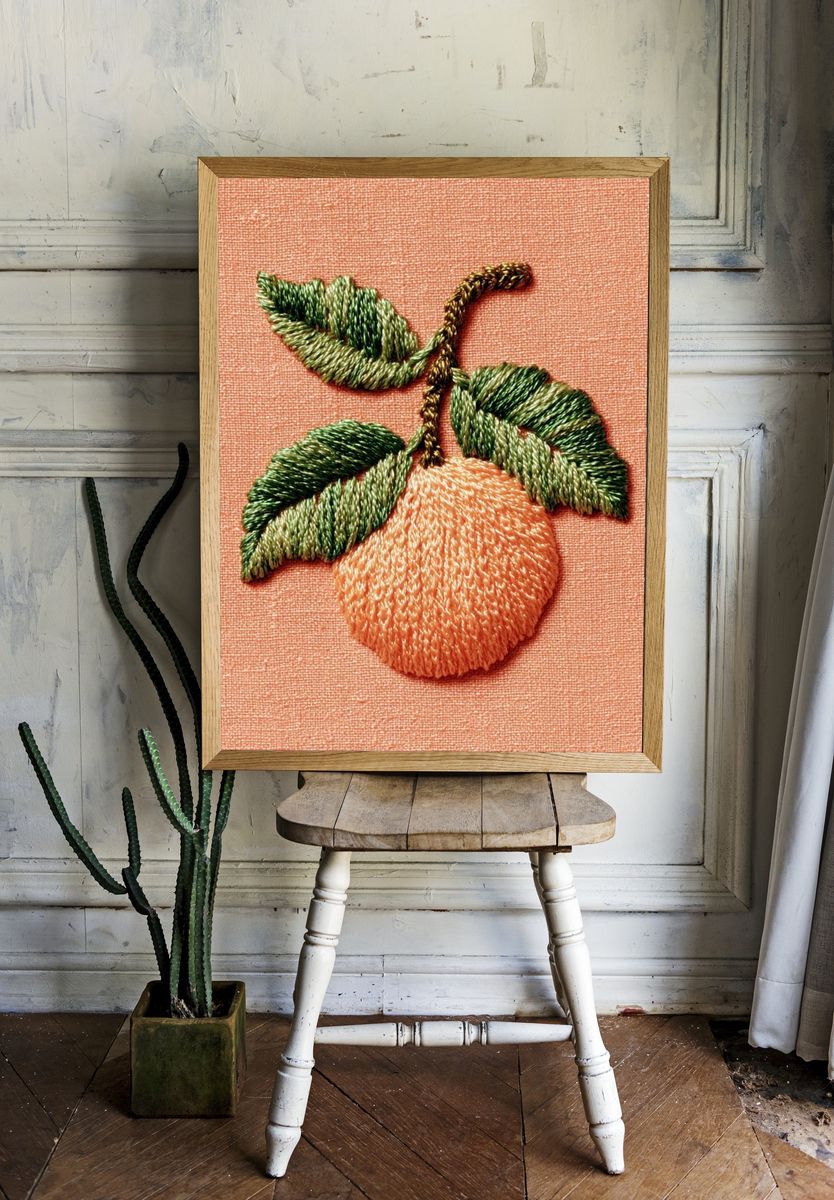 Embroidered Peach Botanical Print. room preview