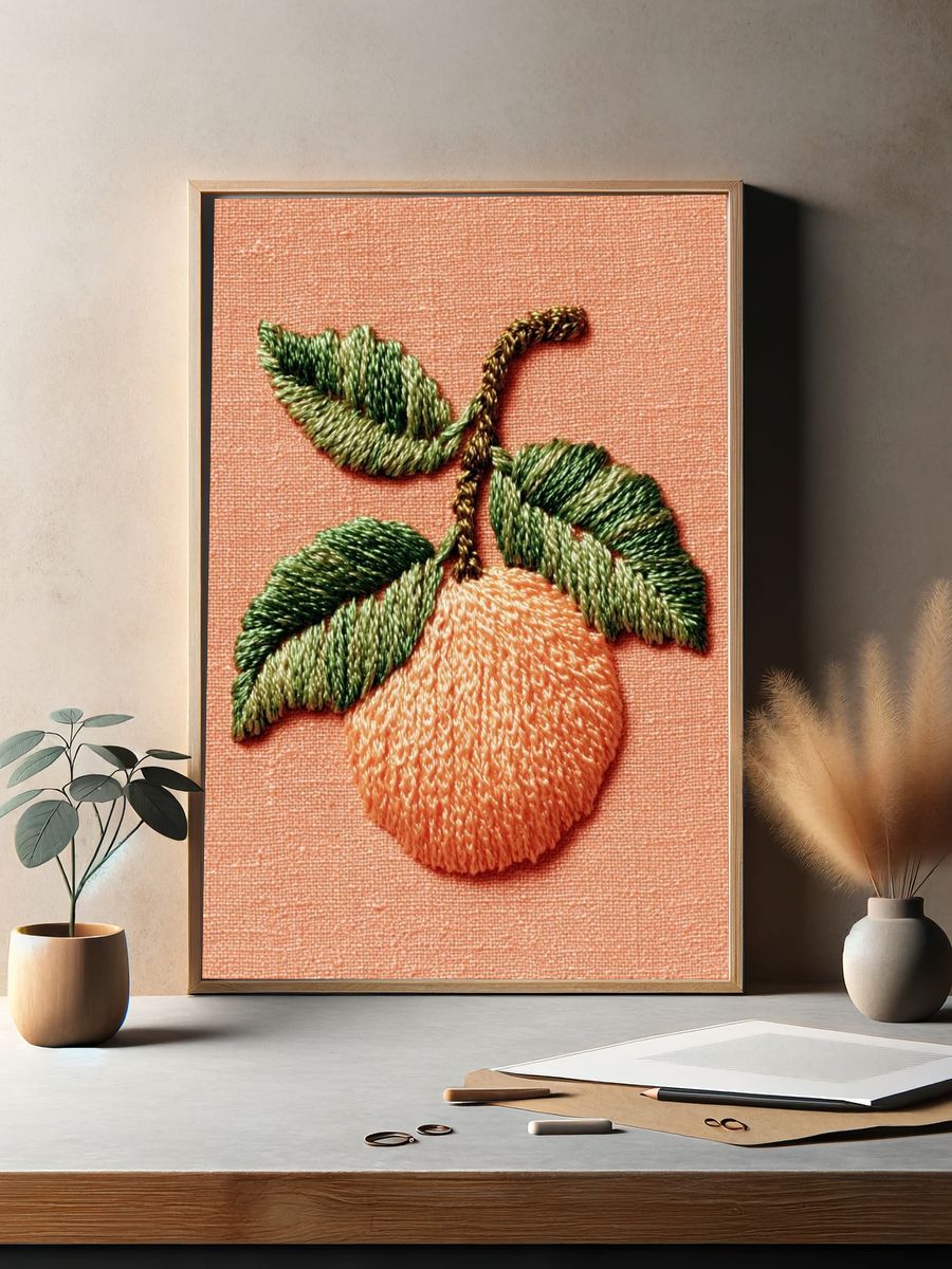 Embroidered Peach Botanical Print. — room view 2