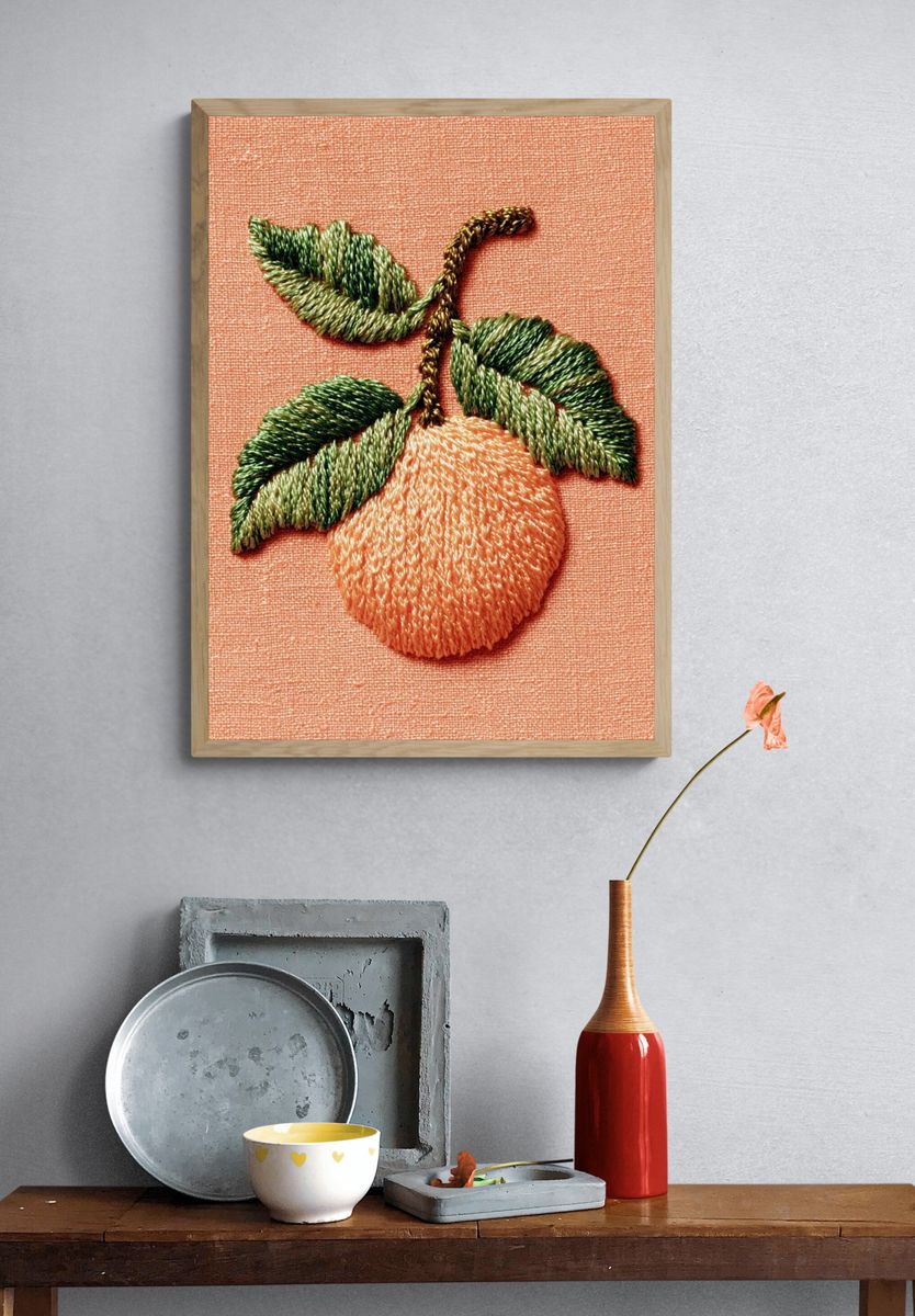 Embroidered Peach Botanical Print. — room view 3