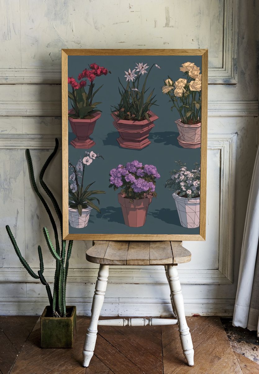 Potted Flowers Illustration Poster. — room view 1
