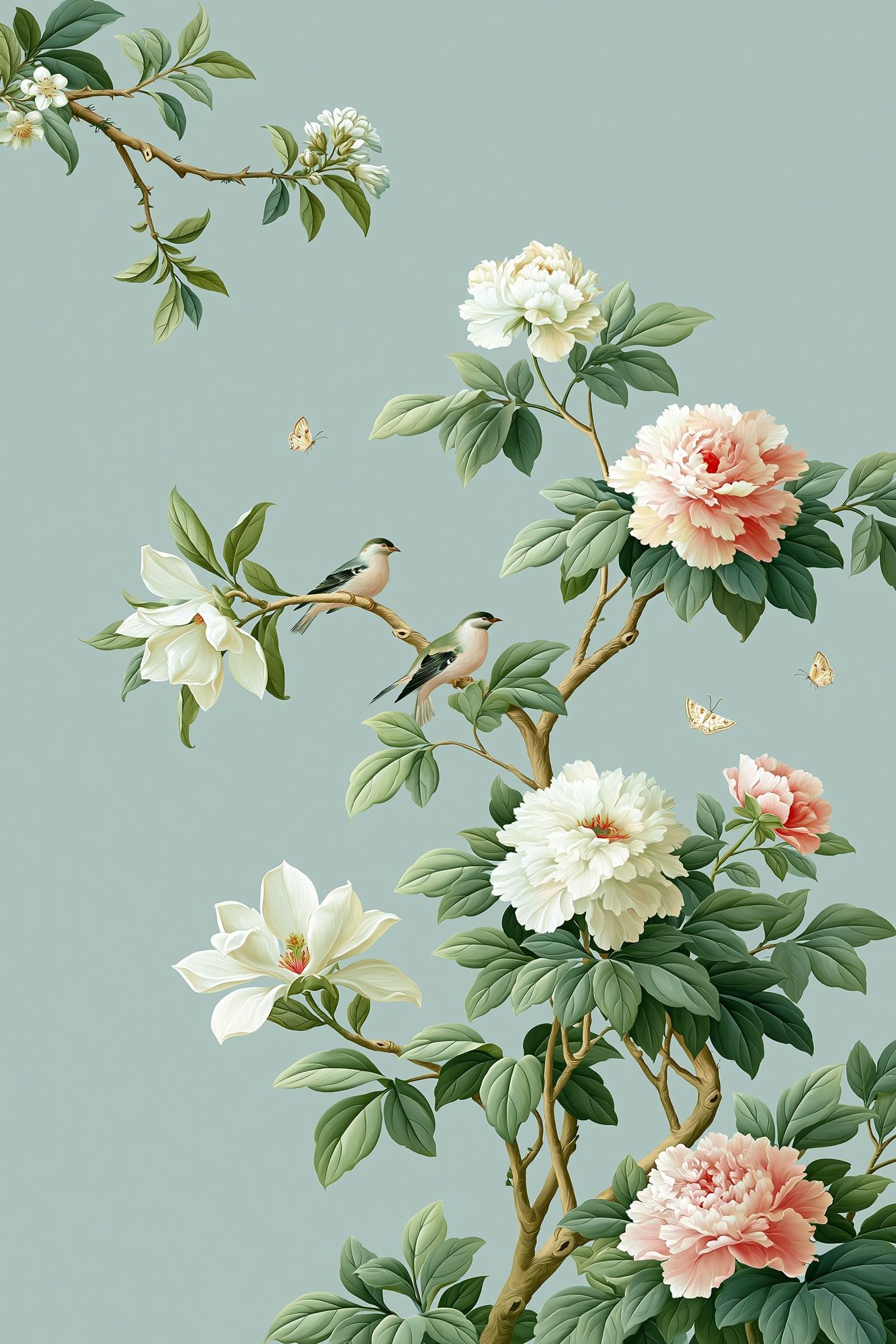 Peony Branch Birds Botanical Print. poster — botanical art