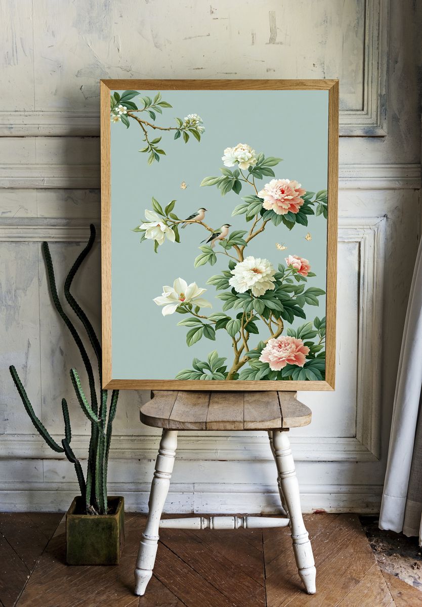 Peony Branch Birds Botanical Print. — room view 1