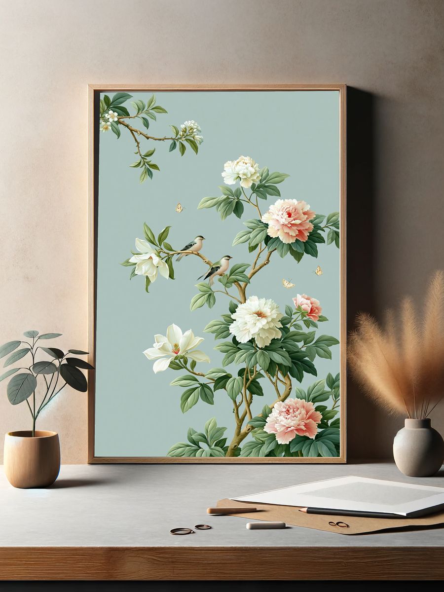 Peony Branch Birds Botanical Print. — room view 2
