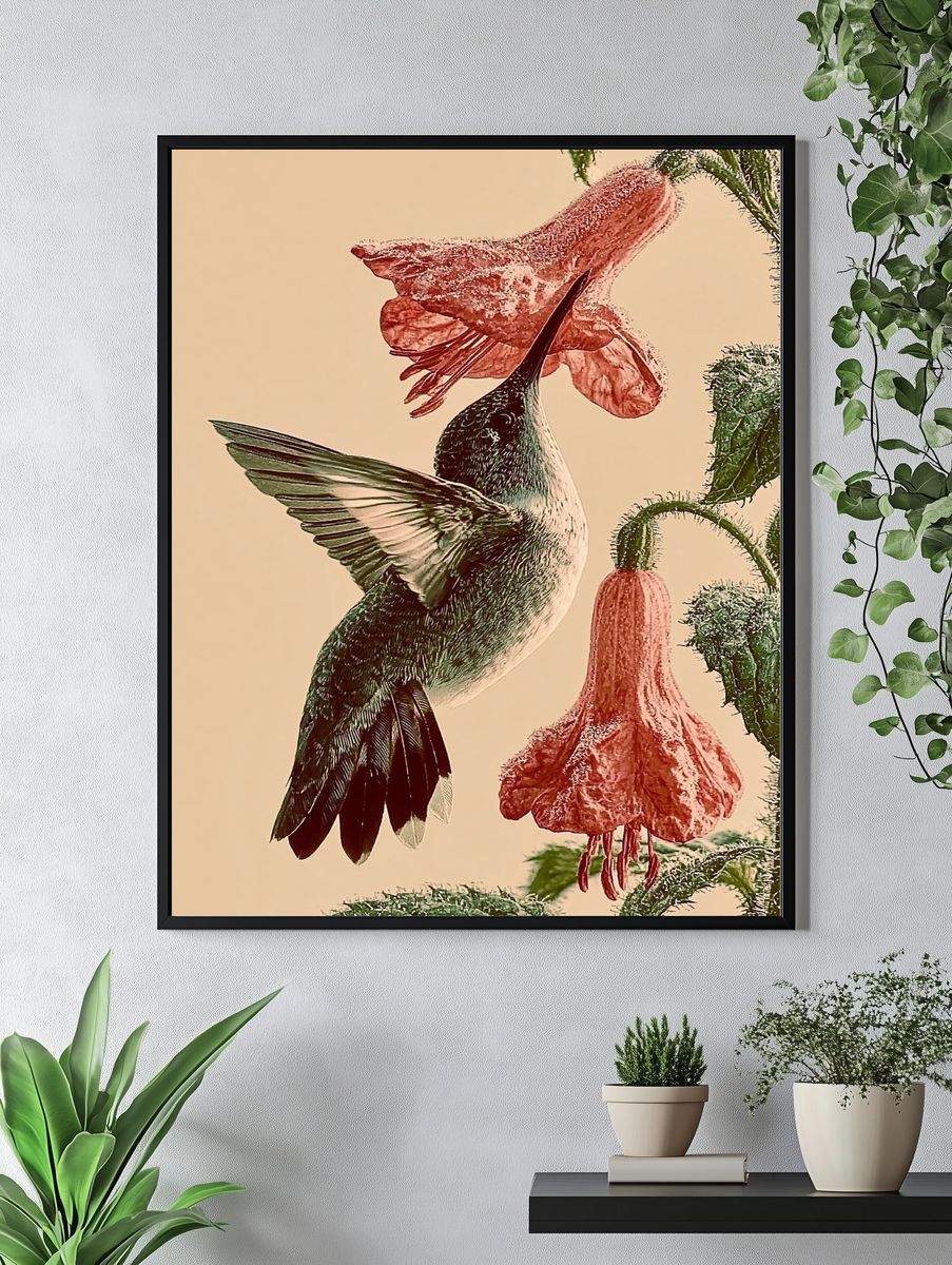 Hummingbird and Fuchsia Botanical Print. — room view 4