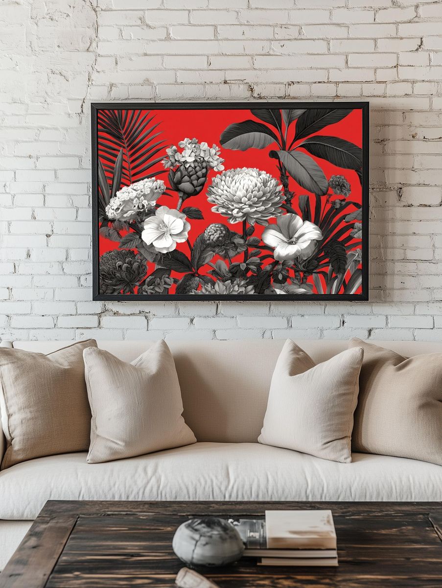 Tropical Floral Red Botanical Print. room preview