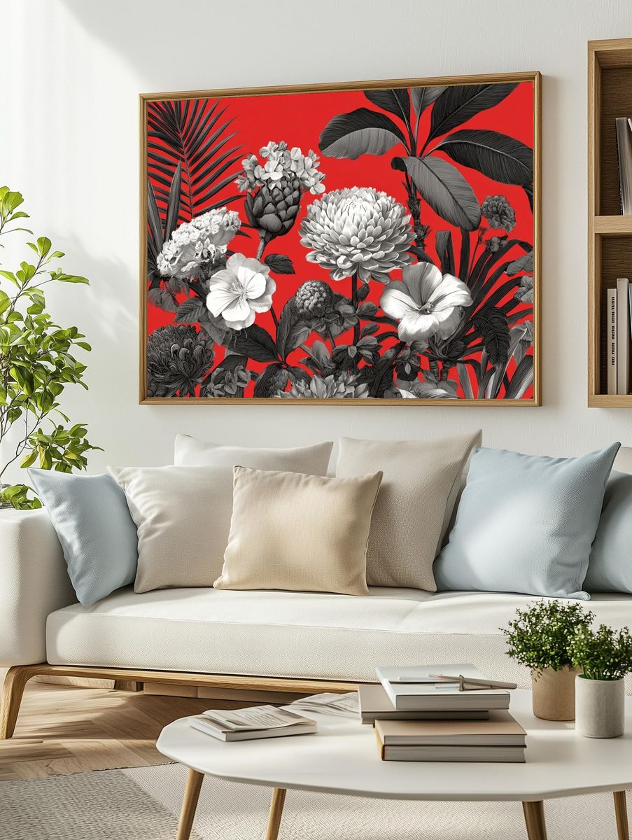 Tropical Floral Red Botanical Print. — room view 2