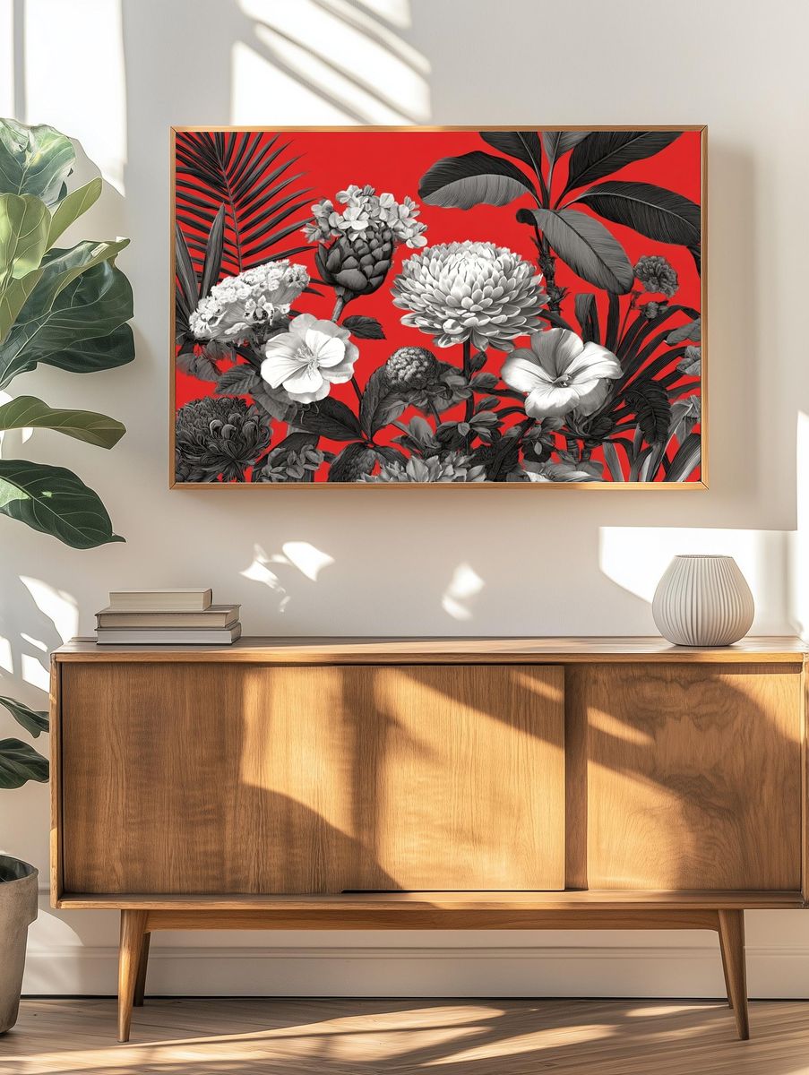 Tropical Floral Red Botanical Print. — room view 3
